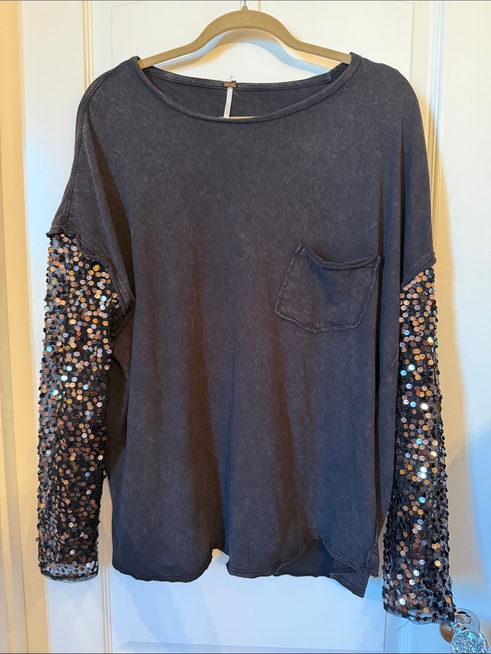 Free People Sequin Long Sleeve Mineral Wash Tee
